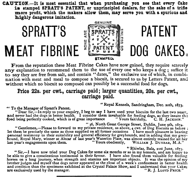 File:1876 ad for Spratt's Patent Meat Fibrine Dog Cakes.jpg